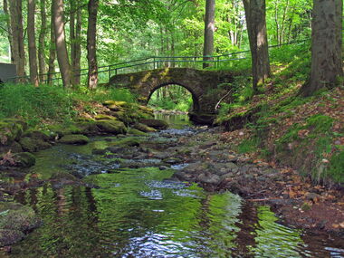 Historische Steinbrücke an einem Flüsschen im Wald
